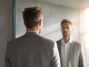 Executive looking in the mirror feeling imposter syndrome/anchor